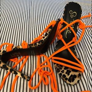 Leopard and orange heels with orange straps worn once size 7 1/2